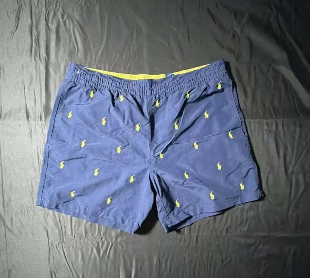 Polo Ralph Lauren All-Over Multi-Pony Logo Swim Trunks, Navy Blue yellow